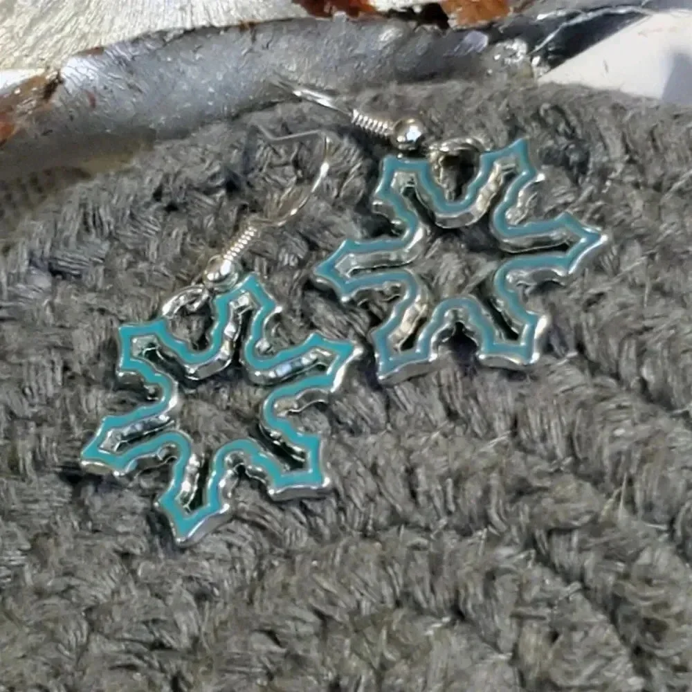 Handmade Silver Teal Blue Enameled Snowflake Winter Christmas Holidays Earrings